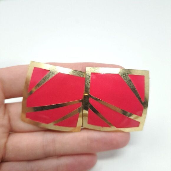 Vintage Red Ename and Gold Tone Square Clip On Earrings, Bold Retro 80s Style - Picture 1 of 5